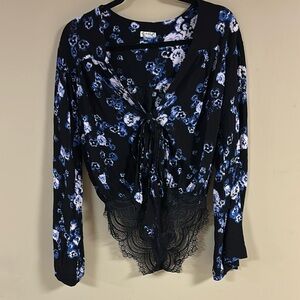 Free People Black and Purple Floral Bodysuit, Sz S